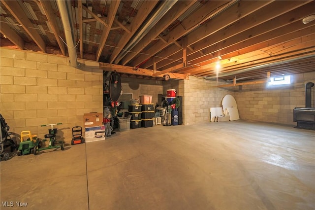 basement with a wood stove