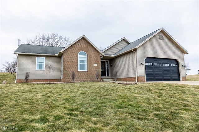 single story home with a garage, driveway, and a front yard