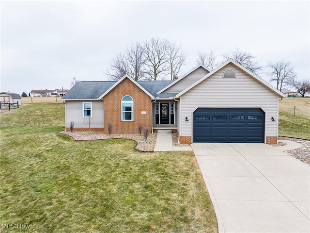 single story home featuring brick siding, a garage, concrete driveway, and a front lawn