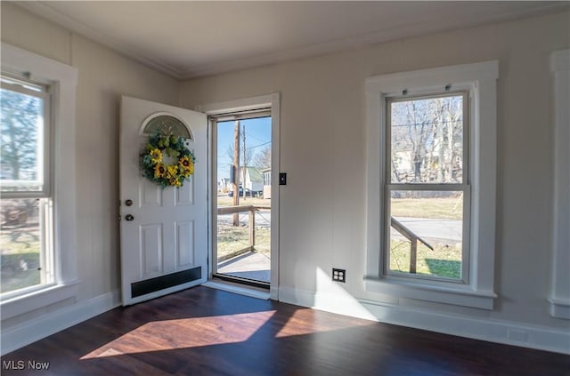 entryway with a healthy amount of sunlight, dark wood-style flooring, and baseboards