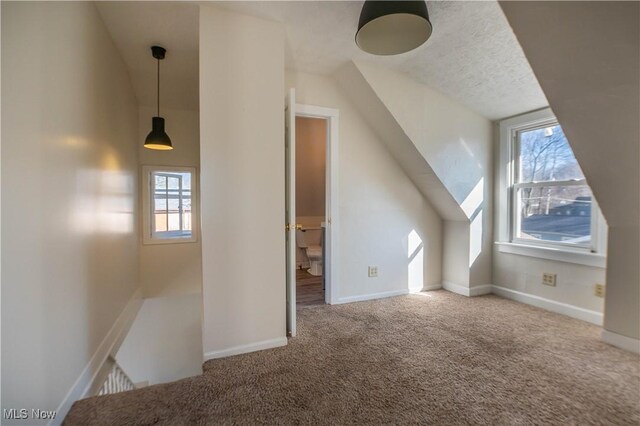 additional living space featuring vaulted ceiling, baseboards, carpet floors, and a textured ceiling