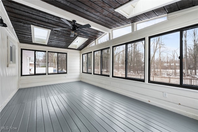 unfurnished sunroom with lofted ceiling with skylight, wood ceiling, and ceiling fan