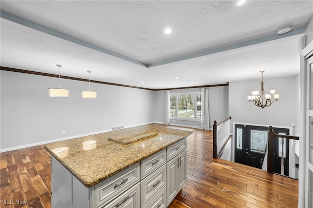 kitchen with dark wood finished floors, light stone countertops, and visible vents