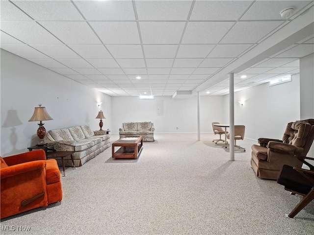 living room with recessed lighting, a paneled ceiling, baseboards, and carpet