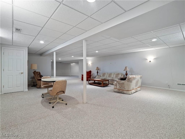 living area featuring recessed lighting, visible vents, baseboards, and carpet flooring