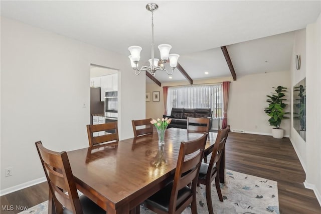 dining area featuring beam ceiling, a notable chandelier, baseboards, and wood finished floors