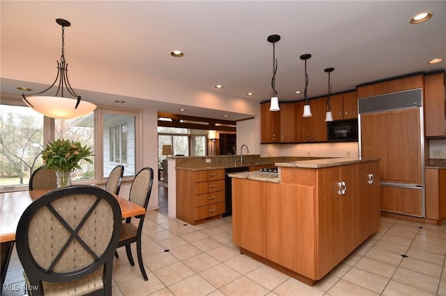 kitchen with light tile patterned floors, a kitchen island, a peninsula, recessed lighting, and black appliances