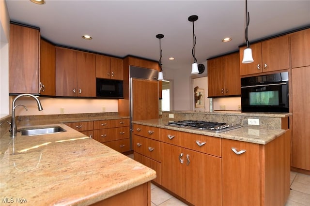 kitchen with light stone countertops, light tile patterned flooring, a sink, black appliances, and brown cabinets