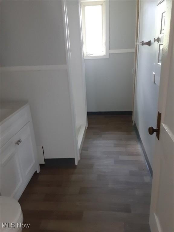 bathroom featuring vanity, toilet, and wood finished floors