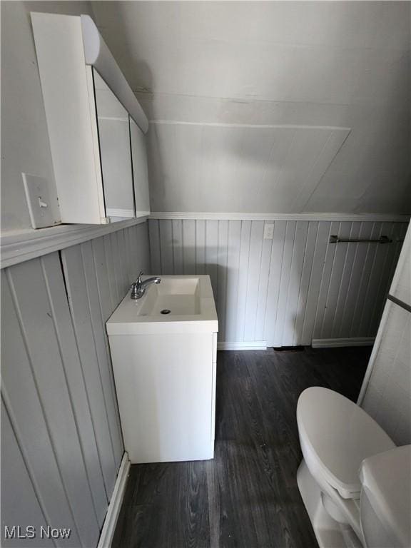 half bathroom with toilet, vanity, and wood finished floors