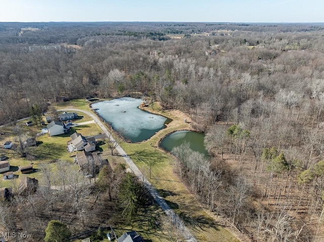 aerial view featuring a water view and a wooded view