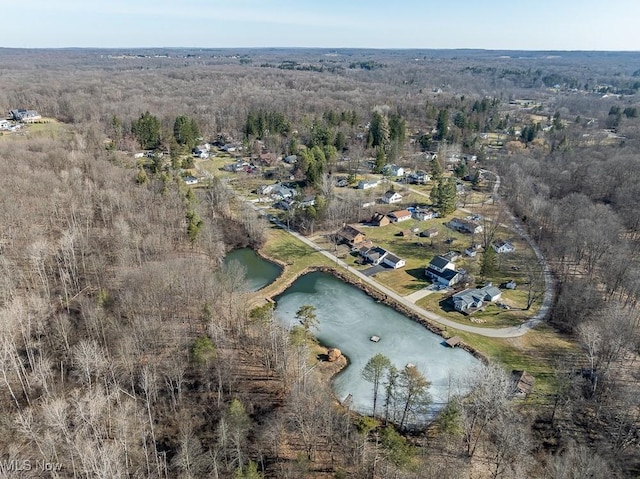 bird's eye view featuring a forest view and a water view