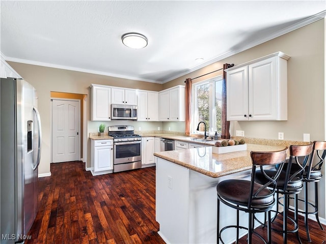 kitchen featuring dark wood-style floors, a peninsula, stainless steel appliances, and a sink