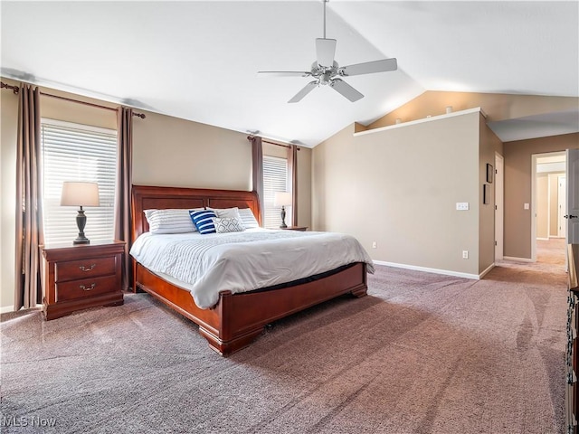 bedroom with multiple windows, carpet, a ceiling fan, and vaulted ceiling