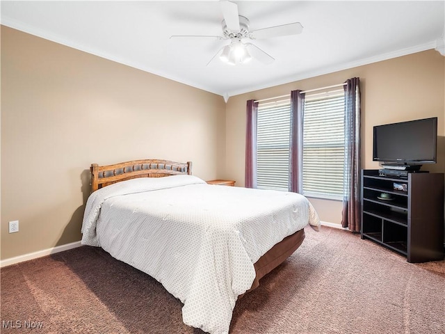 bedroom with light carpet, a ceiling fan, crown molding, and baseboards