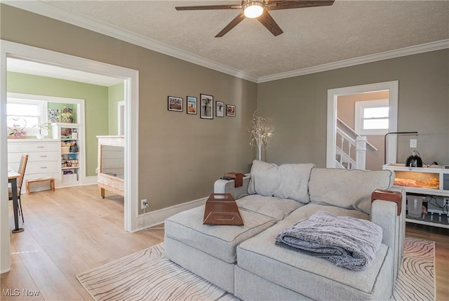 living room with light wood-style flooring, a textured ceiling, a ceiling fan, and ornamental molding