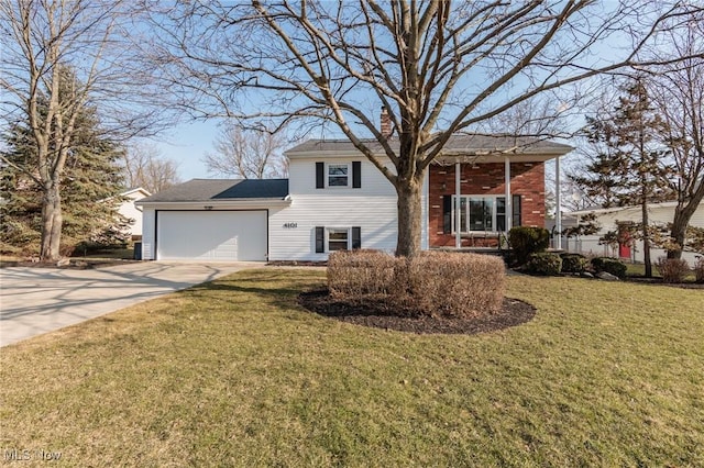 view of front of home featuring concrete driveway, an attached garage, a front lawn, and a chimney