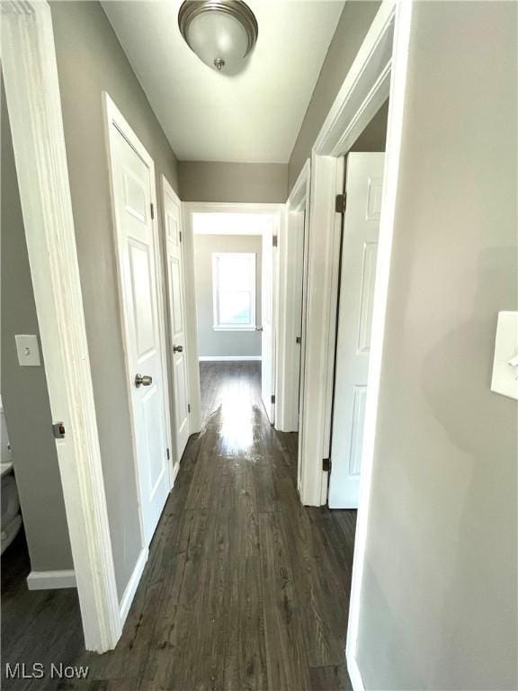 corridor featuring baseboards and dark wood-type flooring