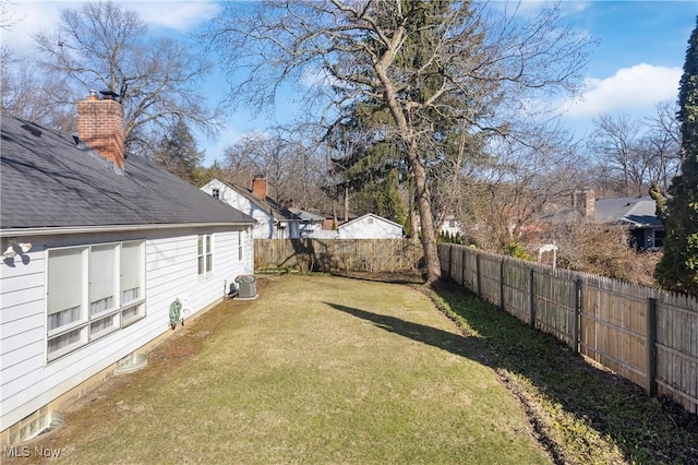 view of yard featuring central AC and a fenced backyard