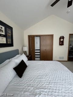 bedroom featuring lofted ceiling and ceiling fan