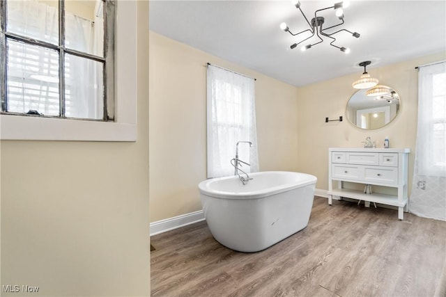 bathroom with a freestanding tub, baseboards, wood finished floors, and vanity