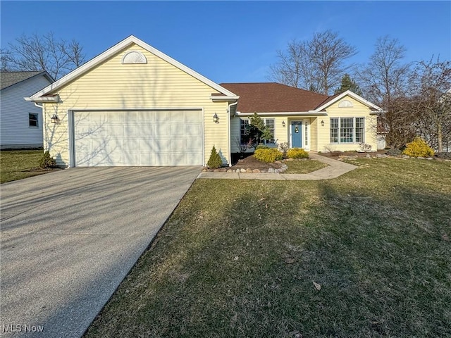 ranch-style home with a front lawn, concrete driveway, and a garage