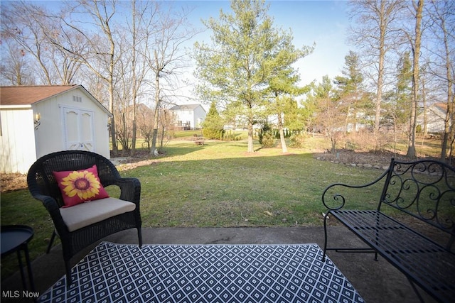 view of yard featuring a storage shed and an outdoor structure