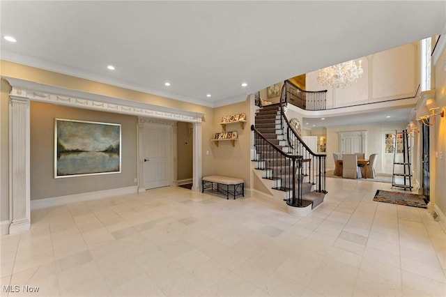 entrance foyer featuring stairway, recessed lighting, and baseboards