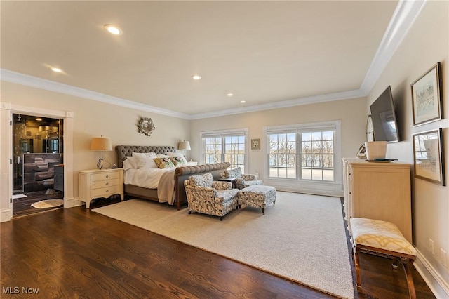 bedroom with recessed lighting, baseboards, dark wood-type flooring, and ornamental molding