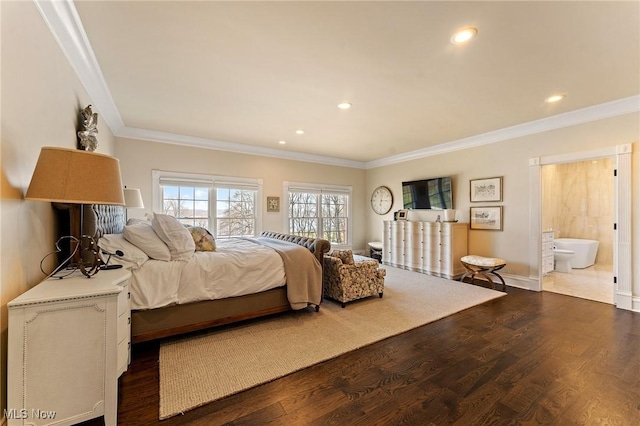 bedroom with recessed lighting, baseboards, ornamental molding, and dark wood-style flooring