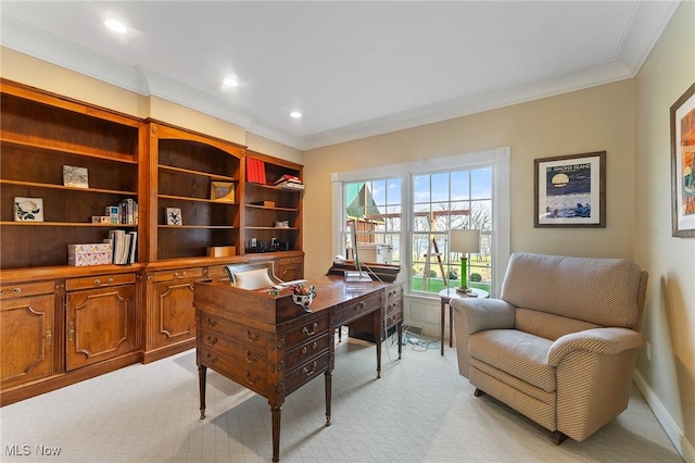 office with recessed lighting, light colored carpet, crown molding, and baseboards