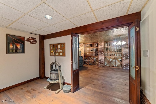 wine area with wood finished floors, baseboards, and a drop ceiling