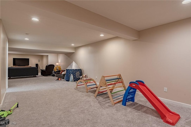 game room featuring carpet flooring, recessed lighting, and baseboards