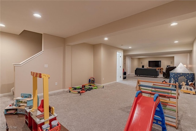 playroom featuring recessed lighting, baseboards, and carpet floors