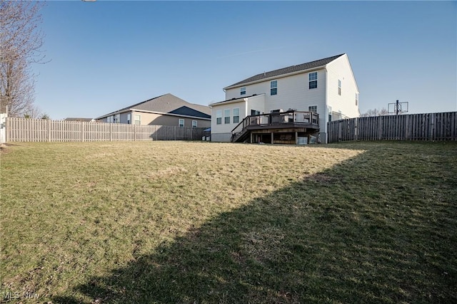 rear view of property with a deck, a yard, and a fenced backyard