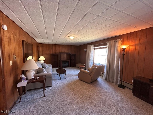 living area with carpet flooring, wood walls, and a baseboard radiator