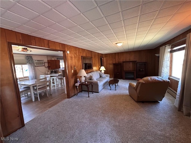 28838 Norris Rd, Tippecanoe, OH 44699 - carpeted living room featuring plenty of natural light, a wall unit AC, wood walls, and baseboard heating