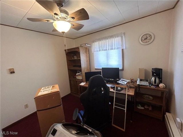 office space with crown molding and a ceiling fan