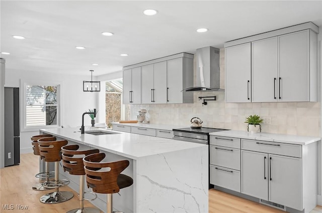 kitchen featuring visible vents, decorative backsplash, light wood-style flooring, wall chimney exhaust hood, and a sink