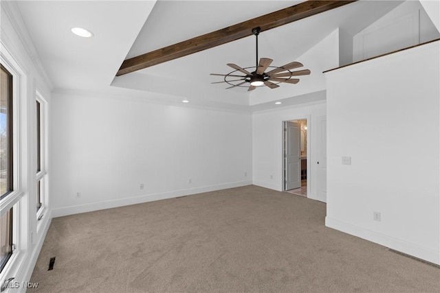 carpeted empty room featuring recessed lighting, baseboards, a raised ceiling, and lofted ceiling with beams