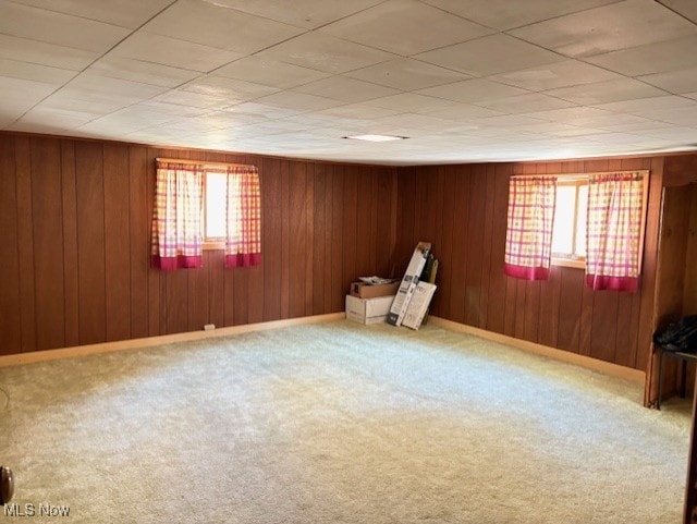 carpeted empty room featuring a wealth of natural light, wooden walls, and baseboards