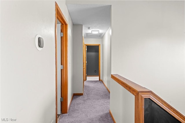 corridor with visible vents, baseboards, attic access, carpet floors, and a textured ceiling