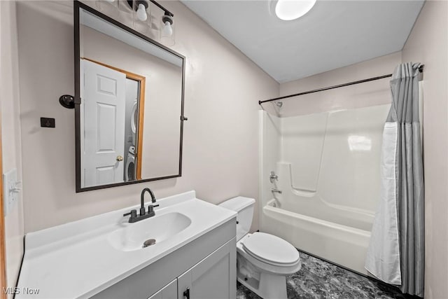 bathroom with vanity, shower / bath combination with curtain, and toilet