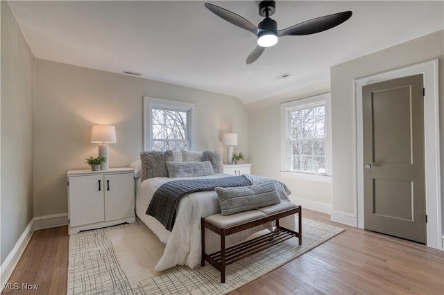 bedroom with light wood-type flooring, visible vents, and multiple windows