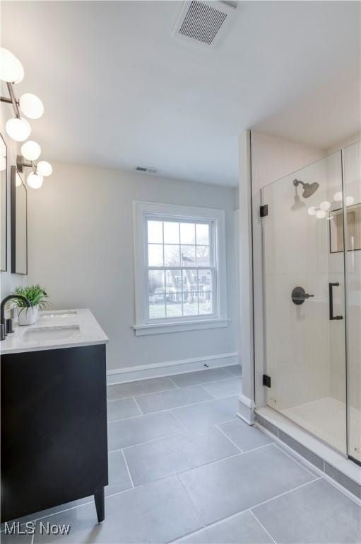 bathroom featuring a sink, visible vents, double vanity, and a shower stall