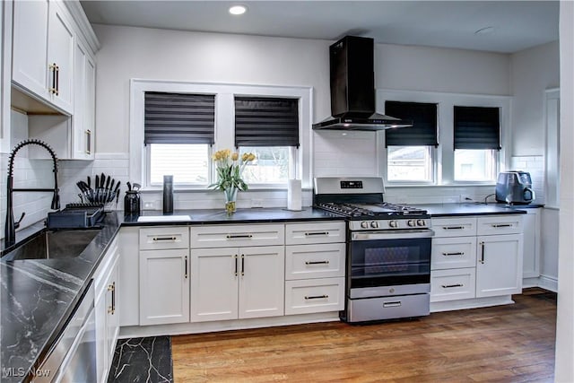 kitchen featuring range hood, light wood finished floors, a sink, stainless steel appliances, and white cabinets