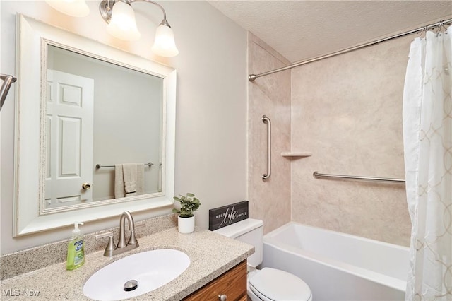 bathroom with vanity, toilet, shower / bathtub combination with curtain, and a textured ceiling