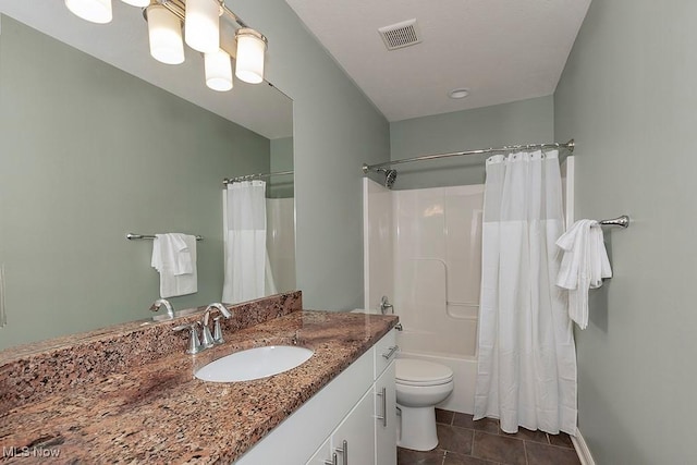 bathroom with tile patterned flooring, visible vents, toilet, shower / tub combo, and vanity