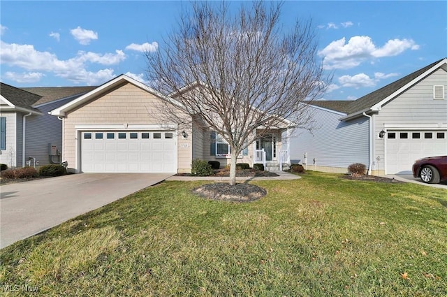 single story home with a garage, driveway, and a front yard