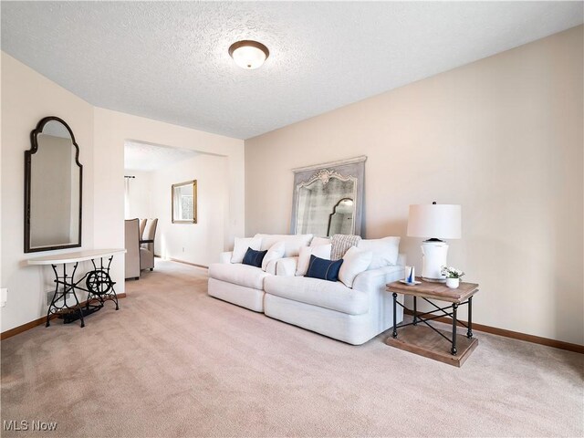 living area featuring baseboards, a textured ceiling, and carpet flooring